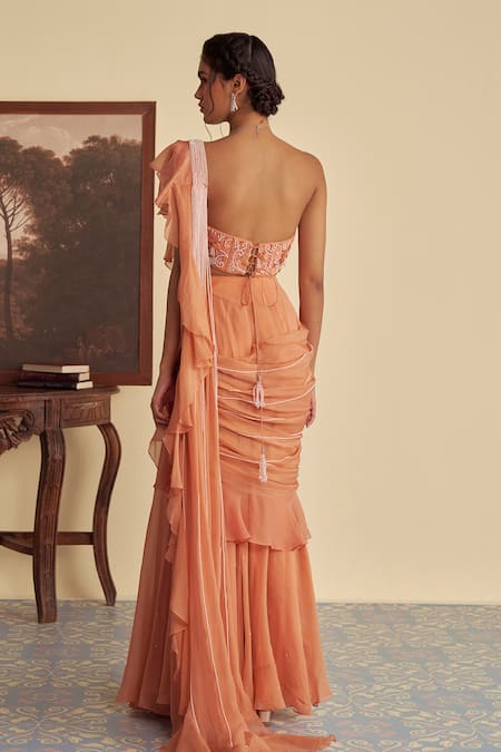 Jade By Ashima Autumn Embrace Pearl Embellished Pre-Draped Ruffle Saree & Bustier Blouse 