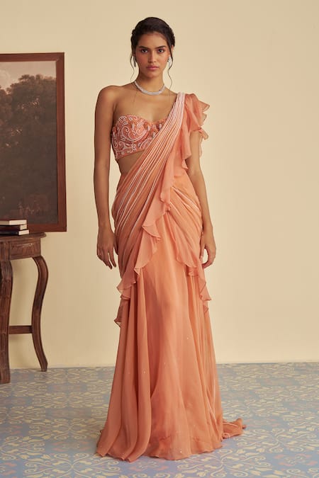 Jade By Ashima_Orange Autumn Embrace Embellished Pre-draped Ruffle Saree And Bustier Blouse _Online_at_Aza_Fashions