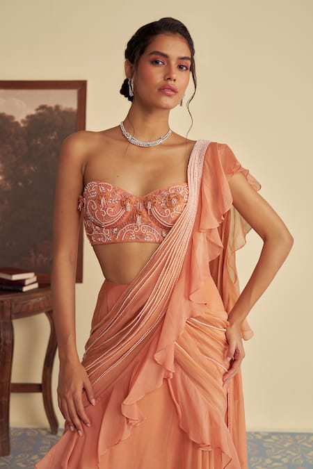 Buy_Jade By Ashima_Orange Autumn Embrace Embellished Pre-draped Ruffle Saree And Bustier Blouse _Online_at_Aza_Fashions