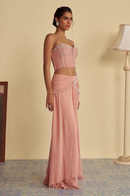 Jade By Ashima Pink Crepe Embroidery Celandine Embellished Corset Blouse With Draped Skirt Online at Aza Fashions Jade By Ashima_Pink Crepe Embroidery Celandine Embellished Corset Blouse With Draped Skirt _Online_at_Aza_Fashions