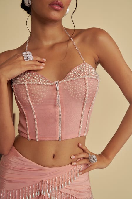 Buy Jade By Ashima Pink Crepe Embroidery Celandine Embellished Corset Blouse With Draped Skirt Online at Aza Fashions Buy_Jade By Ashima_Pink Crepe Embroidery Celandine Embellished Corset Blouse With Draped Skirt _Online_at_Aza_Fashions