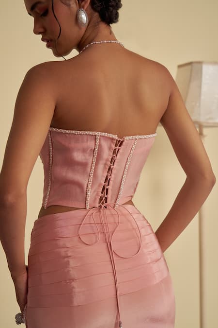 Shop Jade By Ashima Pink Crepe Embroidery Celandine Embellished Corset Blouse With Draped Skirt Online at Aza Fashions Shop_Jade By Ashima_Pink Crepe Embroidery Celandine Embellished Corset Blouse With Draped Skirt _Online_at_Aza_Fashions