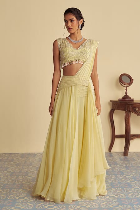 Jade By Ashima_Yellow Organza Dandelion Embellished Pre-draped Lehenga Saree With Blouse _Online_at_Aza_Fashions