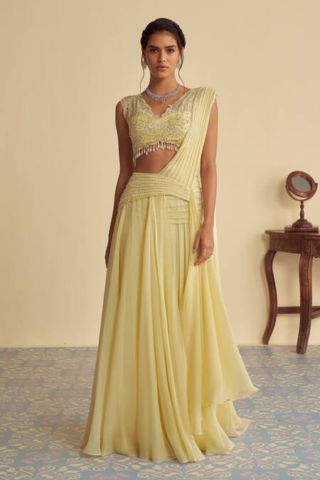 Buy_Jade By Ashima_Yellow Organza Dandelion Embellished Pre-draped Lehenga Saree With Blouse _Online_at_Aza_Fashions