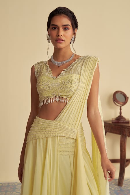 Shop_Jade By Ashima_Yellow Organza Dandelion Embellished Pre-draped Lehenga Saree With Blouse _Online_at_Aza_Fashions