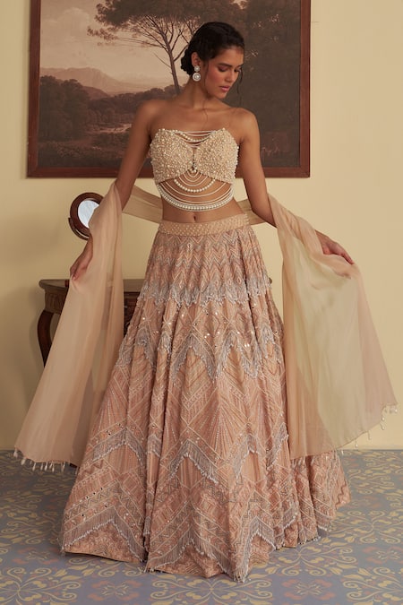 Jade By Ashima_Beige Organza, Silk, Cotton, Oxford Evelina Chevron Aari And Lehenga Set _Online_at_Aza_Fashions