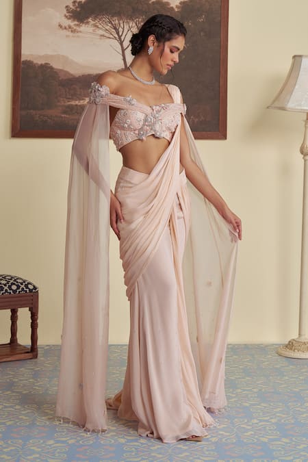 Jade By Ashima Flora Pre-Draped Saree With Embroidered Blouse 