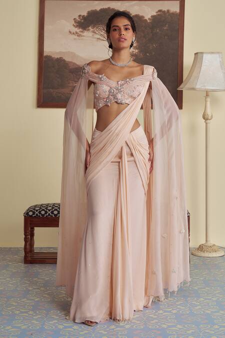 Jade By Ashima_Pink Organza, Chiffon, Chanderi Flora Pre-draped Saree With Embroidered Blouse _Online_at_Aza_Fashions