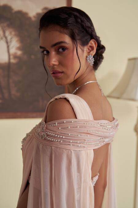 Buy_Jade By Ashima_Pink Organza, Chiffon, Chanderi Flora Pre-draped Saree With Embroidered Blouse _Online_at_Aza_Fashions