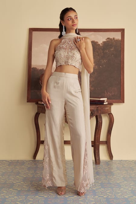 Jade By Ashima Ivory Net, Oxford Pearls, Sequins, Mirage Blossom Blouse And Palazzo Pant Set Online at Aza Fashions Jade By Ashima_Ivory Net, Oxford Pearls, Sequins, Mirage Blossom Blouse And Palazzo Pant Set _Online_at_Aza_Fashions