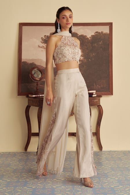 Buy Jade By Ashima Ivory Net, Oxford Pearls, Sequins, Mirage Blossom Blouse And Palazzo Pant Set Online at Aza Fashions Buy_Jade By Ashima_Ivory Net, Oxford Pearls, Sequins, Mirage Blossom Blouse And Palazzo Pant Set _Online_at_Aza_Fashions