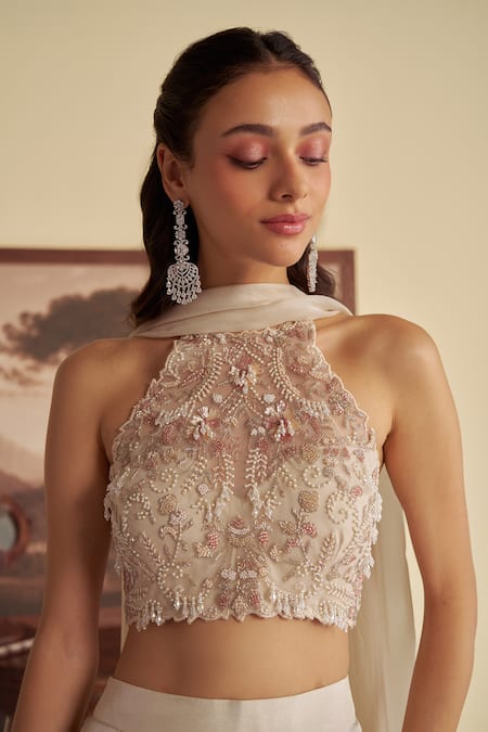 Shop Jade By Ashima Ivory Net, Oxford Pearls, Sequins, Mirage Blossom Blouse And Palazzo Pant Set Online at Aza Fashions Shop_Jade By Ashima_Ivory Net, Oxford Pearls, Sequins, Mirage Blossom Blouse And Palazzo Pant Set _Online_at_Aza_Fashions