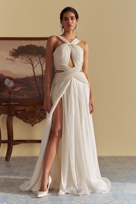 Jade By Ashima White Organza Pearls, Crystals Halter Neck Reverie And Bead Embellished Gown Online at Aza Fashions Jade By Ashima_White Organza Pearls, Crystals Halter Neck Reverie And Bead Embellished Gown _Online_at_Aza_Fashions
