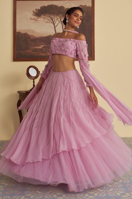 Jade By Ashima_Purple Organza, Net Cut Work, Ophelia Wave Embroidered Layered Lehenga Set _Online_at_Aza_Fashions