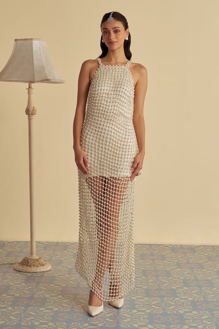 Jade By Ashima_White Satin Pearls Halter Neck Embrace Jaal Embellished Gown _Online_at_Aza_Fashions