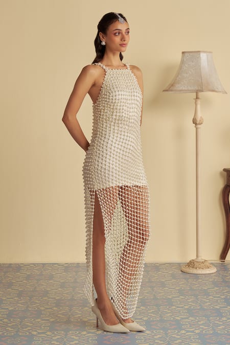Buy_Jade By Ashima_White Satin Pearls Halter Neck Embrace Jaal Embellished Gown _Online_at_Aza_Fashions
