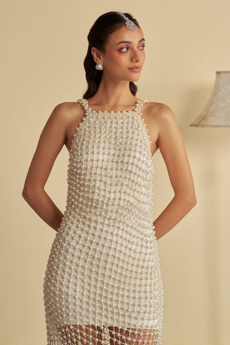 Shop_Jade By Ashima_White Satin Pearls Halter Neck Embrace Jaal Embellished Gown _Online_at_Aza_Fashions
