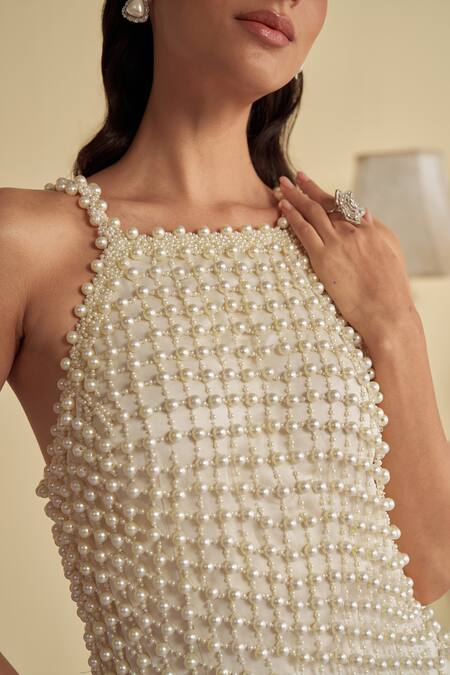 Jade By Ashima_White Satin Pearls Halter Neck Embrace Jaal Embellished Gown _at_Aza_Fashions