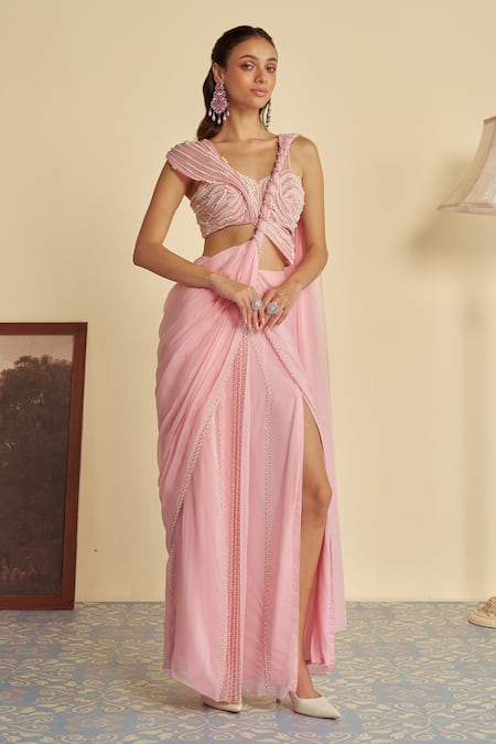 Buy_Jade By Ashima_Pink Organza, Rosebud Embellished Twisted Pallu Pre-draped Saree With Blouse _Online_at_Aza_Fashions