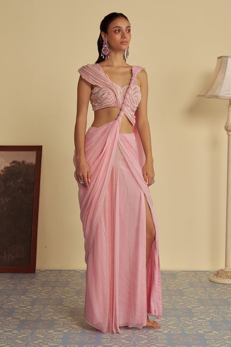 Shop_Jade By Ashima_Pink Organza, Rosebud Embellished Twisted Pallu Pre-draped Saree With Blouse _Online_at_Aza_Fashions