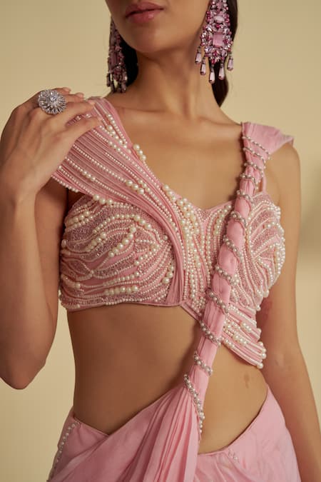 Jade By Ashima_Pink Organza, Rosebud Embellished Twisted Pallu Pre-draped Saree With Blouse _at_Aza_Fashions