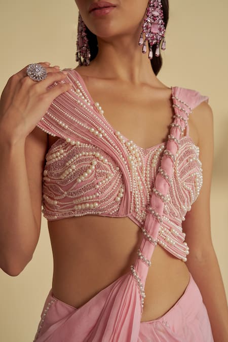 Buy_Jade By Ashima_Pink Organza, Rosebud Embellished Twisted Pallu Pre-draped Saree With Blouse 