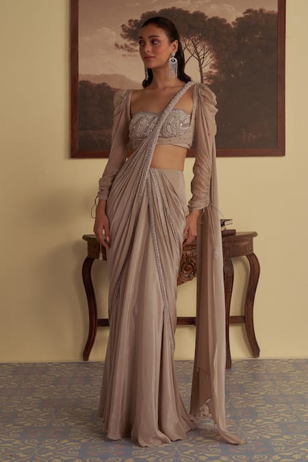 Jade By Ashima_Beige Starlit Whisper Vine Border Embellished Pre-draped Saree With Blouse _Online_at_Aza_Fashions