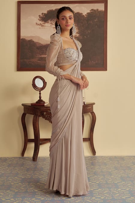 Buy_Jade By Ashima_Beige Starlit Whisper Vine Border Embellished Pre-draped Saree With Blouse _Online_at_Aza_Fashions