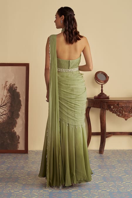 Shop_Jade By Ashima_Green Organza, Silk Pearls, Beads, Tassels Halter Neck Ivy Veil Ombre Saree Set _at_Aza_Fashions