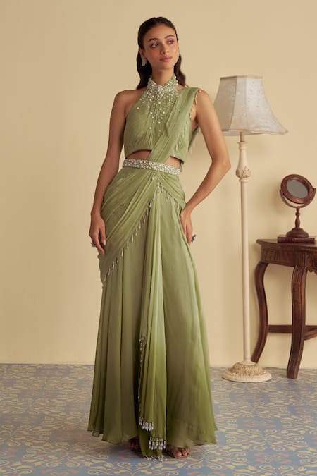 Jade By Ashima_Green Organza, Silk Pearls, Beads, Tassels Halter Neck Ivy Veil Ombre Saree Set _Online_at_Aza_Fashions