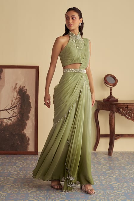Buy_Jade By Ashima_Green Organza, Silk Pearls, Beads, Tassels Halter Neck Ivy Veil Ombre Saree Set _Online_at_Aza_Fashions