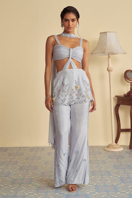 Buy_Jade By Ashima_Blue Organza, Silk Pleated Tulip Bodice Embroidered Kurta And Flared Pant Set _Online_at_Aza_Fashions