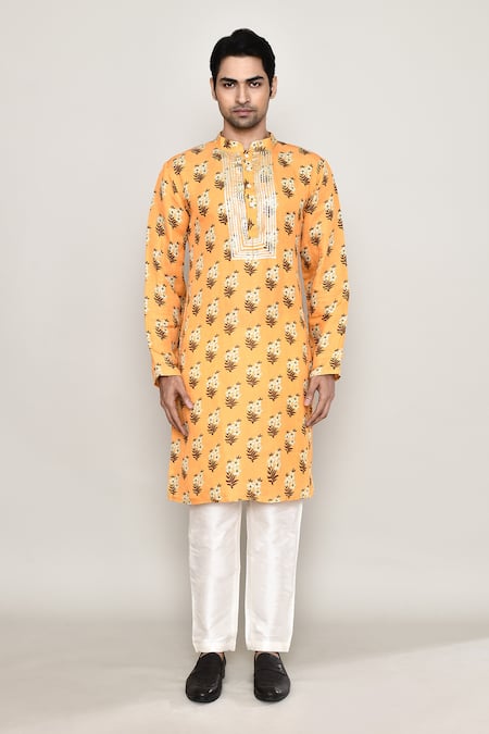 Arihant Rai Sinha_Yellow Cotton, Silk Gota Patti, Embroidery Phool Print Kurta_Online_at_Aza_Fashions