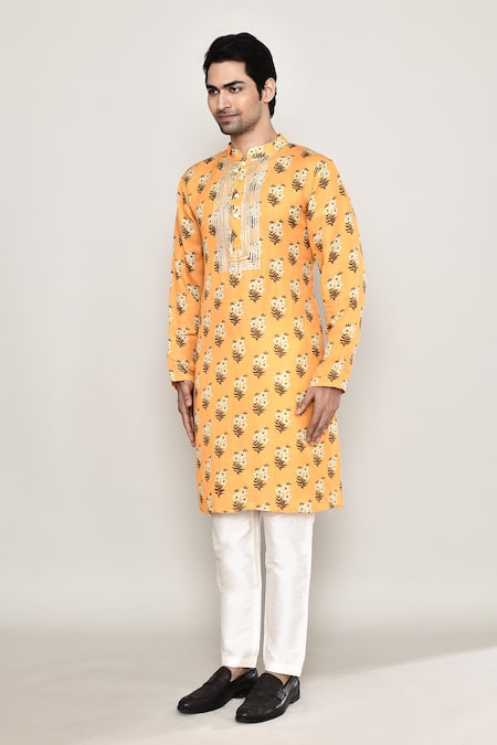 Buy_Arihant Rai Sinha_Yellow Cotton, Silk Gota Patti, Embroidery Phool Print Kurta_Online_at_Aza_Fashions