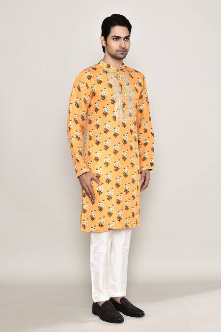 Shop_Arihant Rai Sinha_Yellow Cotton, Silk Gota Patti, Embroidery Phool Print Kurta_Online_at_Aza_Fashions
