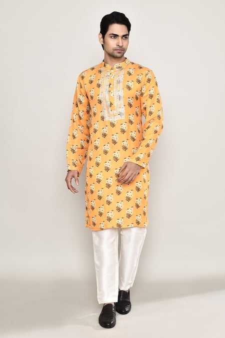 Arihant Rai Sinha_Yellow Cotton, Silk Gota Patti, Embroidery Phool Print Kurta_at_Aza_Fashions