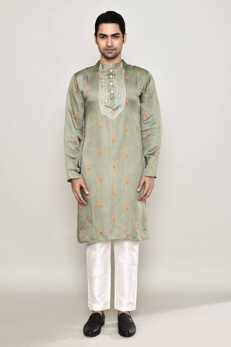 Arihant Rai Sinha_Green Cotton, Silk Gota Patti Bullian Bloom Motif Print Kurta _Online_at_Aza_Fashions