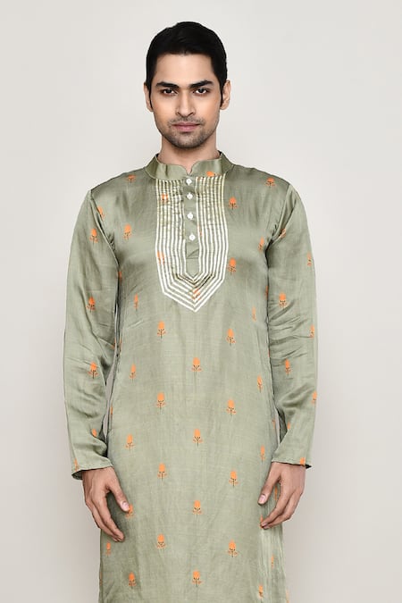 Buy Arihant Rai Sinha Green Cotton, Silk Gota Patti Bullian Bloom Motif Print Kurta Online at Aza Fashions Buy_Arihant Rai Sinha_Green Cotton, Silk Gota Patti Bullian Bloom Motif Print Kurta _Online_at_Aza_Fashions