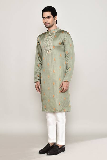 Shop_Arihant Rai Sinha_Green Cotton, Silk Gota Patti Bullian Bloom Motif Print Kurta _Online_at_Aza_Fashions