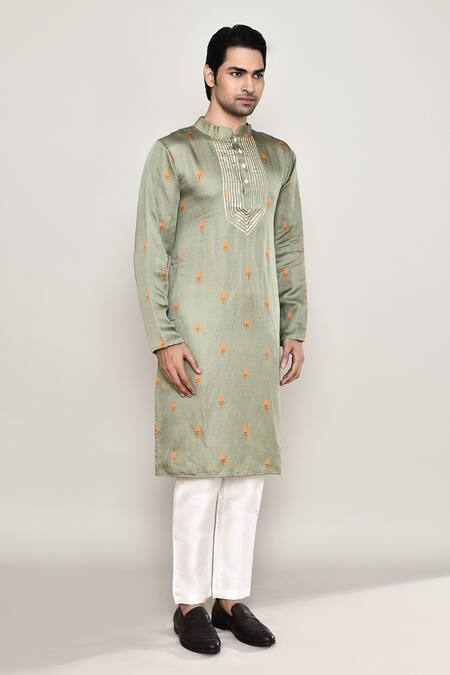 Arihant Rai Sinha_Green Cotton, Silk Gota Patti Bullian Bloom Motif Print Kurta _at_Aza_Fashions