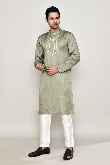 Buy_Arihant Rai Sinha_Green Cotton, Silk Gota Patti Bullian Bloom Motif Print Kurta 