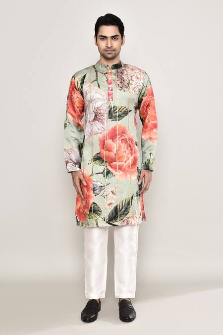 Arihant Rai Sinha_Multi Color Cotton, Silk Gota Patti Bloom Gardenia Print Kurta_Online_at_Aza_Fashions