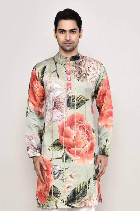 Buy_Arihant Rai Sinha_Multi Color Cotton, Silk Gota Patti Bloom Gardenia Print Kurta_Online_at_Aza_Fashions