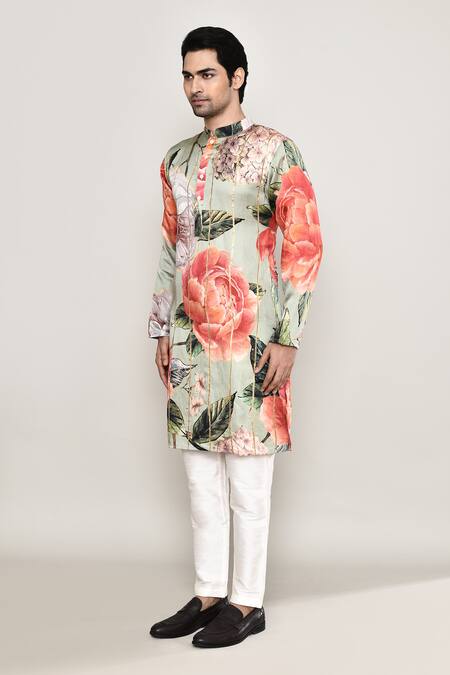 Shop_Arihant Rai Sinha_Multi Color Cotton, Silk Gota Patti Bloom Gardenia Print Kurta_Online_at_Aza_Fashions