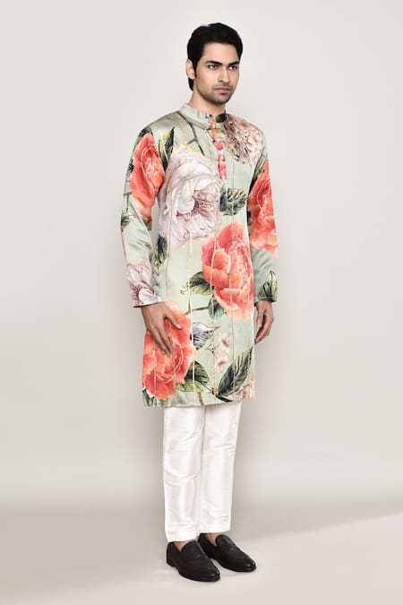 Arihant Rai Sinha_Multi Color Cotton, Silk Gota Patti Bloom Gardenia Print Kurta_at_Aza_Fashions