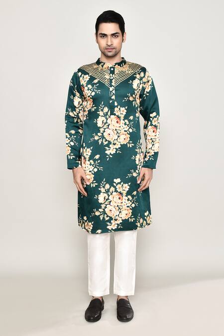 Arihant Rai Sinha_Green Cotton, Silk Gota Patti Bahara Print Kurta _Online_at_Aza_Fashions