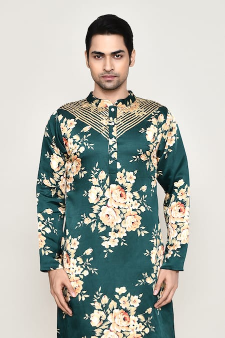 Buy_Arihant Rai Sinha_Green Cotton, Silk Gota Patti Bahara Print Kurta _Online_at_Aza_Fashions