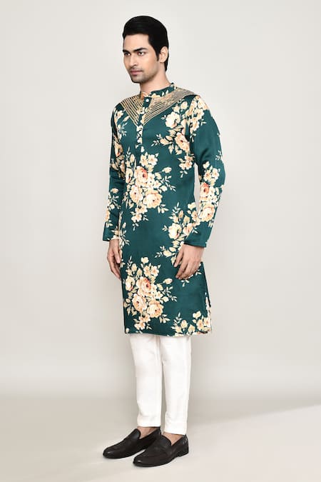 Shop_Arihant Rai Sinha_Green Cotton, Silk Gota Patti Bahara Print Kurta _Online_at_Aza_Fashions
