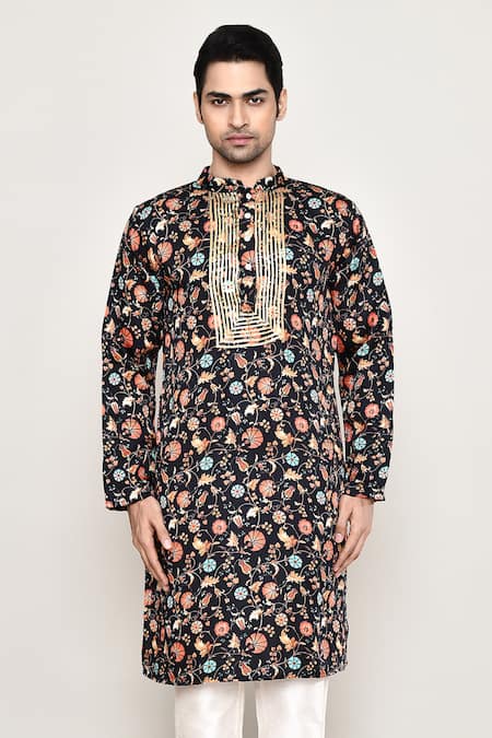 Buy_Arihant Rai Sinha_Multi Color Cotton, Silk Gota Patti Wildbloom Print Kurta _Online_at_Aza_Fashions