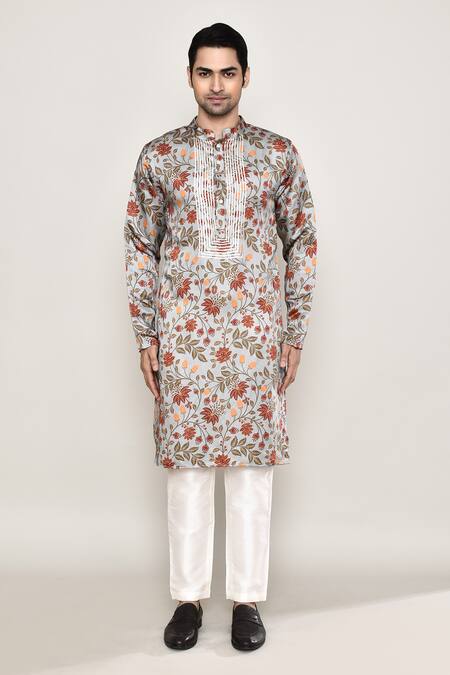Arihant Rai Sinha_Grey Cotton, Silk Embroidery Gul Print Kurta _Online_at_Aza_Fashions